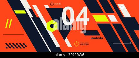 Futuristic mecha cyberpunk vector horizontal banner template with HUD target elements abstract geometric shapes and bold typography Stock Vector