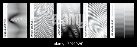 Set of abstract monochrome geometric vector poster templates with optical illusion line patterns and Swiss typography for modern cover layout Stock Vector