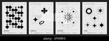 Set of modern minimalist monochrome vector poster templates with architectural geometric symbols orbital grids and Swiss typography cover layout Stock Vector