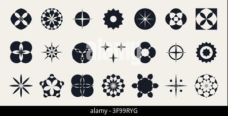 Set of abstract geometric floral symbols and starburst vector icons with neo brutalist minimal shapes for modern logo branding design Stock Vector