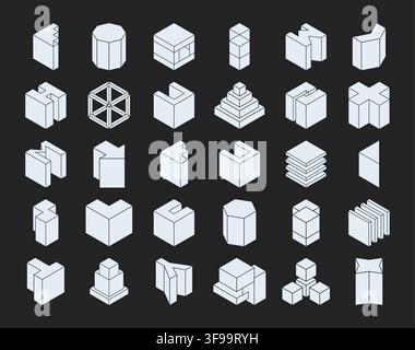 Set of 3D isometric geometric building blocks vector icons with abstract architectural cubes and brutalist shapes for modern design layout Stock Vector