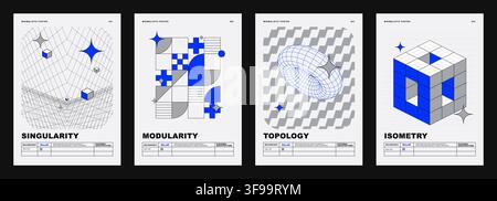 Set of modern minimalist neo brutalist vector poster templates with 3D isometric geometric shapes wireframe torus and typography layout Stock Vector