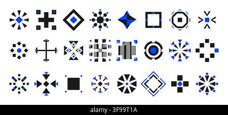 Set of modern neo brutalist vector geometric symbols and abstract tech graphic icons with blue accents for logo branding design Stock Vector