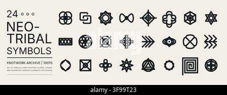 Set of neo tribal symbols and esoteric knotwork vector icons with geometric cyber sigilism elements for modern graphic design layout Stock Vector