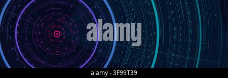 Futuristic HUD radar interface vector horizontal banner with glowing circular target digital telemetry and sci-fi neon technology concept Stock Vector
