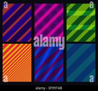 Set of abstract vibrant diagonal stripes vector poster backgrounds with glitch linear patterns and modern geometric gradients for cover design Stock Vector