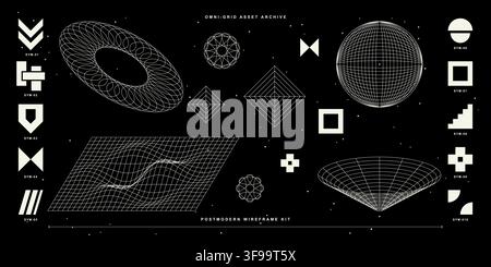 Postmodern 3D wireframe grid vector asset kit with geometric symbols torus sphere and parametric mesh on dark background Stock Vector