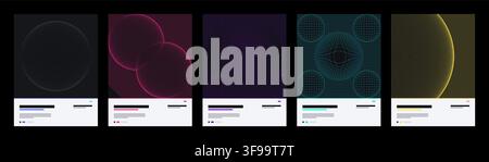 Set of abstract dark futuristic vector poster templates with glowing neon circles wireframe spheres and minimalist layout for cover design Stock Vector