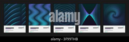 Set of abstract dark futuristic vector poster templates with glowing cyan blue fluid light waves ripples and swirl for modern cover layout Stock Vector