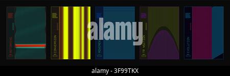 Set of abstract dark techno vector poster templates with futuristic glitch stripes parametric gradients and typography layout for book covers Stock Vector