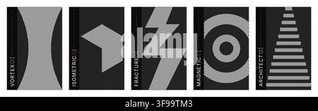 Set of modern minimalist monochrome geometric vector poster templates with bold abstract brutalist shapes for creative book cover design Stock Vector