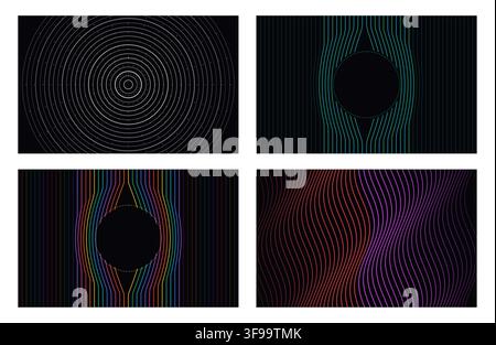 Set of abstract dark vector horizontal backgrounds with concentric circles and colorful distorted wave lines around circular void Stock Vector