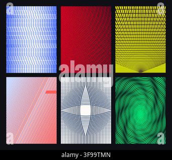 Set of abstract geometric optical illusion vector poster backgrounds with vibrant perspective lines and hypnotic distorted wave patterns Stock Vector