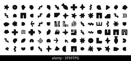 Large collection of abstract brutalist vector geometric shapes and minimalist organic graphic design elements with squiggles stars and symbols Stock Vector