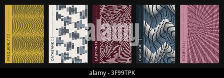 Set of modern abstract geometric vector poster templates with optical illusion patterns halftone textures and typographic layout for creative book Stock Vector