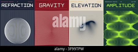 Set of modernism vector poster templates with abstract optical illusion parametric lines physics concepts and geometric typography for graphic design Stock Vector