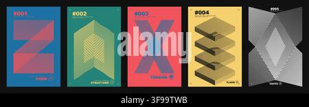 Set of modern Swiss style vector poster templates with bold geometric typography isometric architectural shapes and linear patterns for creative layou Stock Vector