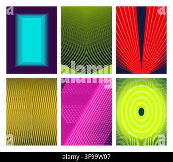 Set of abstract vibrant geometric line art vector poster backgrounds with optical illusion patterns perspective lines and concentric shapes for modern Stock Vector