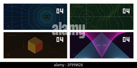 Set of futuristic HUD cyber wireframe vector horizontal banners with geometric grid radar isometric cube and abstract neon light elements for technolo Stock Vector