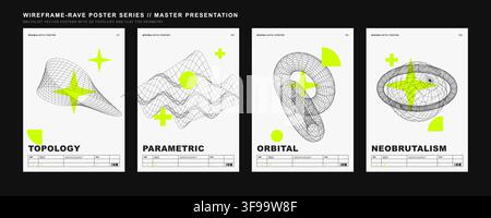 Set of neo brutalist wireframe vector posters with 3D topology geometric grid shapes and acid green abstract elements for modern graphic design layout Stock Vector