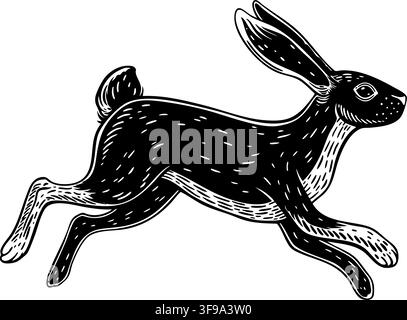 Vintage black and white linocut vector illustration of a fast running wild hare or rabbit in side view profile. Ideal for folk art prints, botanical b Stock Vector