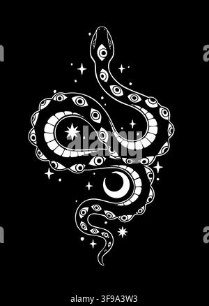 Esoteric black and white silhouette vector of a curved snake covered in celestial all-seeing eyes, surrounded by crescent moon and sparkling stars Stock Vector