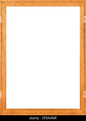Wooden frame for paintings and photographs on a white background. Frame made of natural wood with ornament. Stock Photo