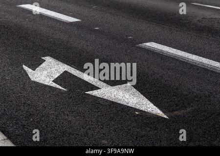 White bidirectional road marking painted on dark asphalt, with arrows pointing in opposite directions between traffic lane markings. Minimal urban tra Stock Photo