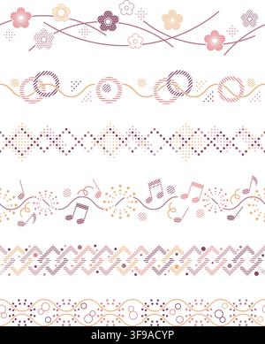 Set Of Six Seamless Contemporary Style Borders Isolated On A White Background. Vector Illustration. Horizontally Repeatable. Stock Vector