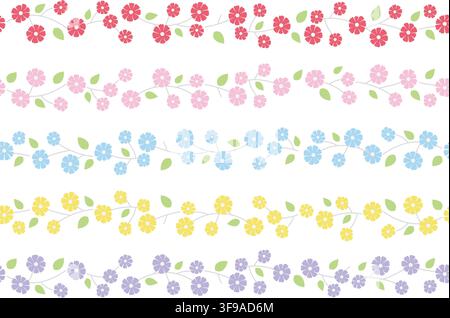 Set Of Five Seamless Colorful Floral Borders Isolated On A White Background. Vector Illustration. Horizontally Repeatable. Stock Vector