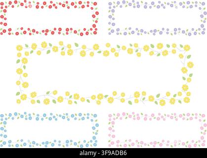 Set Of Five Colorful Rectangle Floral Frames Isolated On A White Background. Vector Flat-Style Floral Borders Illustration. Stock Vector
