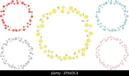 Set Of Five Floral Wreath Frames Isolated On A White Background. Vector Illustration. Stock Vector