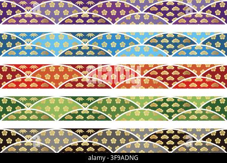 Set Of Vector Seamless Borders With Japanese Auspicious Vintage Patterns. Horizontally Repeatable. Stock Vector