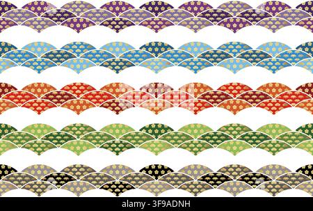 Set Of Vector Seamless Borders With Japanese Auspicious Vintage Patterns. Horizontally Repeatable. Stock Vector
