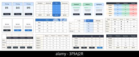 Modern pricing table and subscription plan comparison vector ui template set Stock Vector