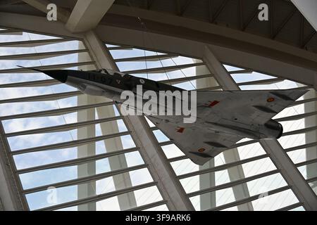 Modern Fighter Jet Suspended from the Ceiling with Close Up of the Cockpit Stock Photo