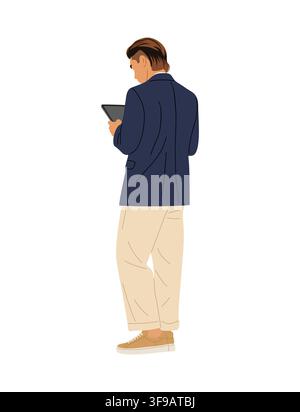 Business Man stands, back turned, holding tablet. Stock Vector