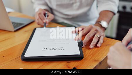 Hands, man and writing at house with document, application and succession for last will. Mature person, reading and advisor in home with paperwork Stock Photo
