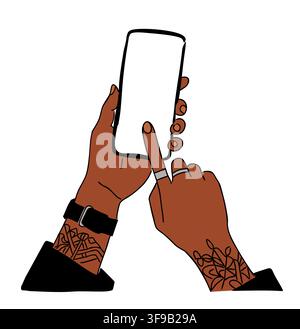Hands hold smartphone with fingers tapping screen. Stock Vector