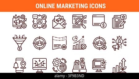 Online Marketing Icons Digital Business Seo Strategy Advertising Analytics Minimalist Line Art Vector Bundle Stock Vector
