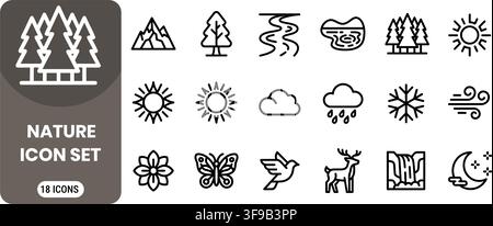 Nature Landscape Weather Wildlife Forest Wilderness Environment Minimalist Outline Icons Line Art Vector Bundle Stock Vector