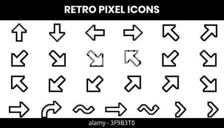 Retro Pixel Icons Arrow Cursor Navigation Digital Interface Minimalist Line Art Vector Bundle Stock Vector