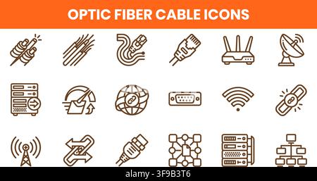 Optic Fiber Cable Network Telecom Internet Broadband Infrastructure Minimalist Line Icons Vector Bundle Stock Vector