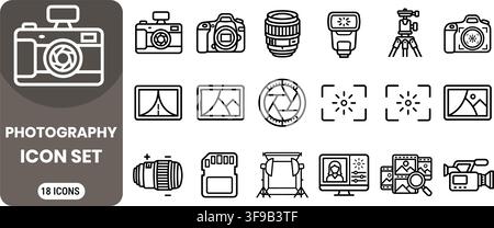 Photography Camera Lens Video Equipment Studio Multimedia Minimalist Line Icons Vector Element Bundle Stock Vector