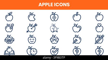 Apple Icons Fruit Education Teacher Back To School Minimalist Line Art Vector Bundle Stock Vector