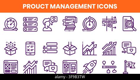 Product Management Agile Scrum Workflow Business Strategy Launch Minimalist Line Icons Vector Bundle Stock Vector