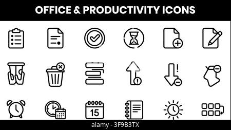 Office Productivity Business Document Workflow Time Management Minimalist Line Icons Vector Element Bundle Stock Vector