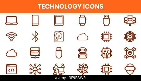 Modern Technology Electronics Hardware And Network Infrastructure Minimalist Line Icons Vector Bundle Stock Vector
