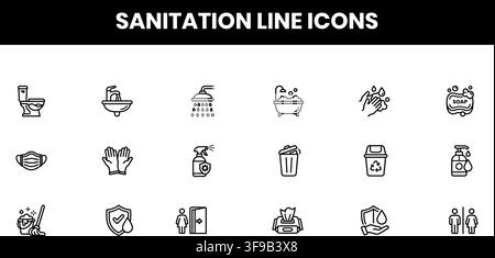 Sanitation Line Icons Set Featuring Bathroom Hygiene Cleaning Supplies Waste Disposal And Public Safety Stock Vector