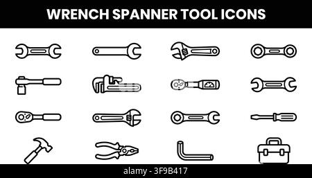 Wrench Spanner Tool Line Icons Set Featuring Hardware Equipment Repair Maintenance And Toolbox Essentials Stock Vector